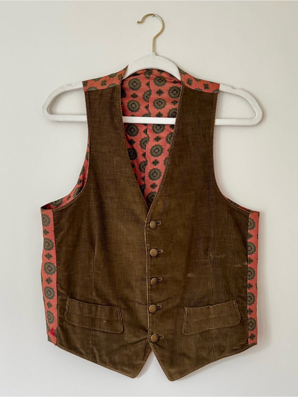 Vintage 70s Reversible Vest, Red Wool / Corduroy w/ Brass Buttons – Men's M/L